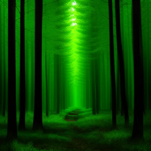 increase image size - a green tunnel in the middle of a forest with a pathway leading to it and a bright light at the end, by David A. Hardy