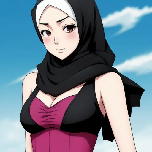 a woman in a pink dress with a black scarf on her head and a sky background with clouds and clouds, by Hiromu Arakawa