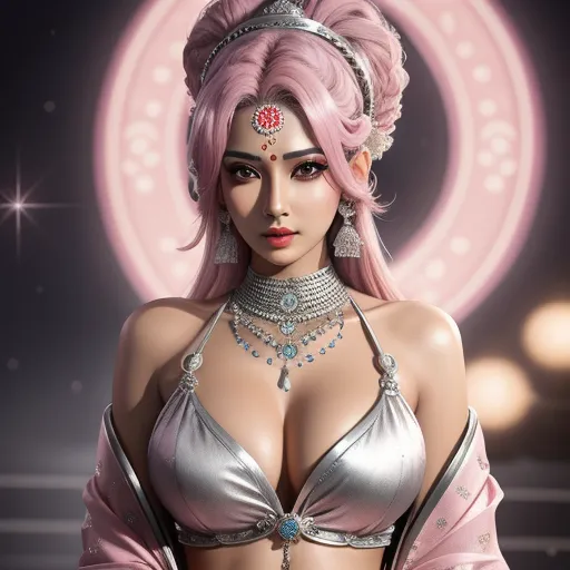 free ai text to image - a woman with pink hair wearing a silver bra and necklaces and a tiara with jewels on her head, by Chen Daofu