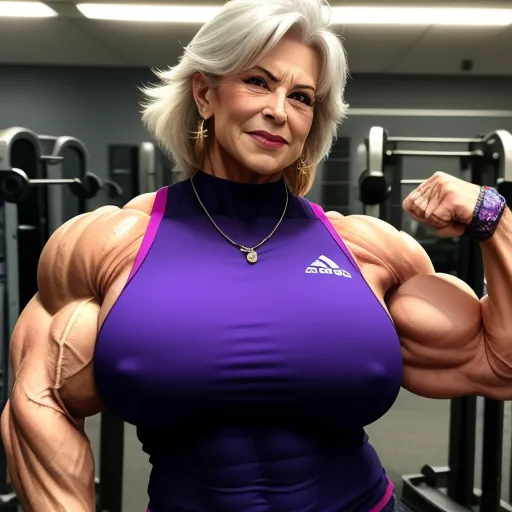 4k picture converter - a woman posing for a picture in a gym with a big muscles and a purple top on, and a purple wristband, by Billie Waters