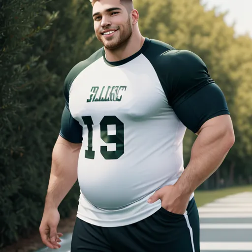 high resolution image - a man in a green and white shirt is standing in a park with trees and grass behind him, smiling, by Botero