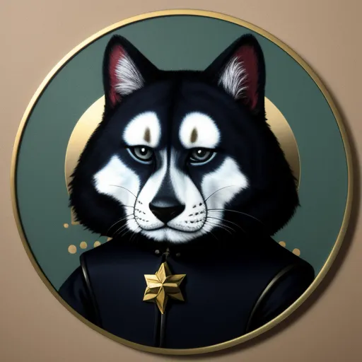 a black and white dog with a star on its collar and a gold star on its collar, in a circular frame, by Daniela Uhlig