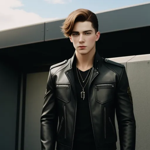 a man in a black leather jacket standing in front of a building with a sky background and clouds in the background, by Hendrik van Steenwijk I