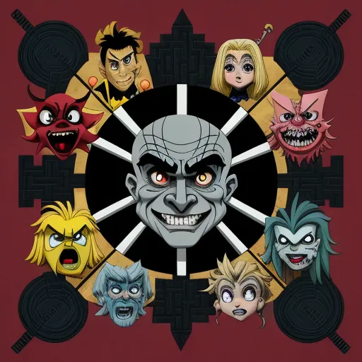 a group of cartoon characters with evil faces and fangs on their faces, all in a circle with a red background, by theCHAMBA