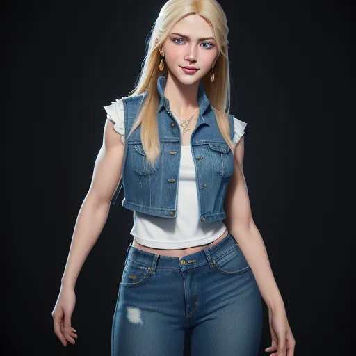 a woman with blonde hair wearing a jean vest and jeans, posing for a picture in a black background, by Hirohiko Araki