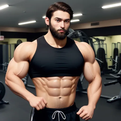 a man with a beard and a beard standing in a gym with his hands on his hips and looking at the camera, by Gatōken Shunshi