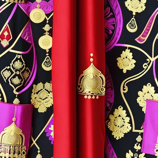 a red and purple curtain with a gold and purple pattern on it and a red curtain with a gold and purple pattern on it, by Kehinde Wiley