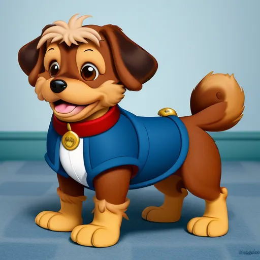 high resolution images - a cartoon dog wearing a blue shirt and a red collar standing on a blue carpet with a blue wall behind it, by Hanna-Barbera