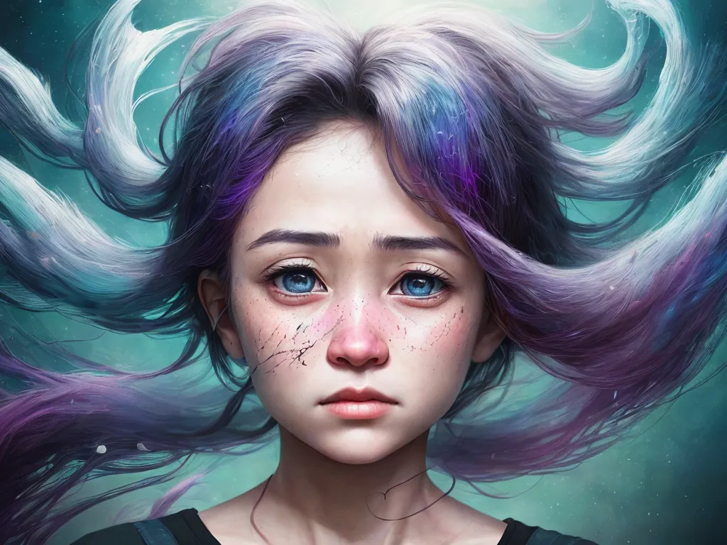 word to image generator - a girl with purple hair and blue eyes with a moon in the background and a blue sky with stars, by Daniela Uhlig