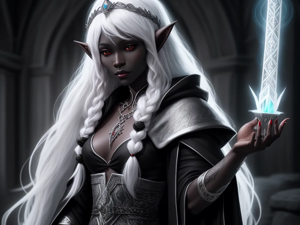 ai that generate images - a woman with white hair and a white wig holding a sword in her hand and wearing a white wig, by Tom Bagshaw
