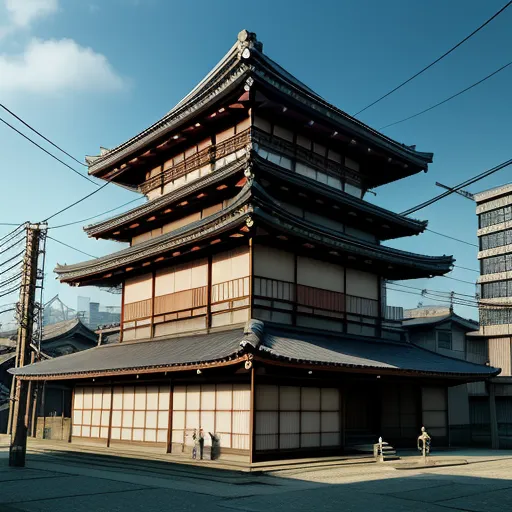 a tall building with a tall tower on top of it's side in a city area with power lines above it, by Gyoshū Hayami