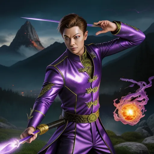 4k quality photo converter - a man in a purple outfit holding a sword and a ball in his hand with a mountain in the background, by Chen Daofu
