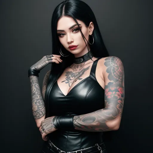 4k resolution photo converter - a woman with tattoos and a leather outfit posing for a picture with her arms crossed and her hand on her hip, by Terada Katsuya