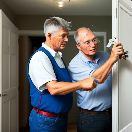 two men are looking at a door handle on a door frame and one is holding a key to the door, by Hendrik van Steenwijk I