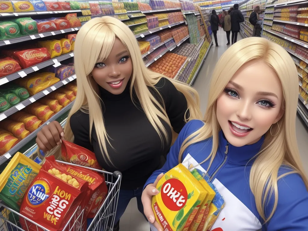 increasing photo resolution - two women are holding bags of food in a grocery store aisle, and smiling at the camera, while the woman is holding a cart, by August Querfurt
