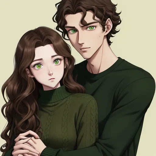 a couple of people with green eyes and long hair, one is hugging the other's shoulder and the other is wearing a green sweater, by Edith Lawrence