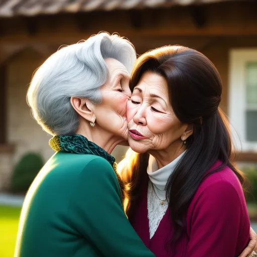 a woman kissing a woman's face with a house in the background behind her and a house in the background, by Yoshiyuki Tomino