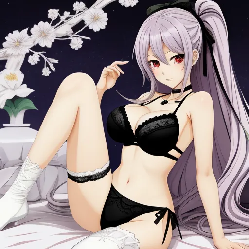 nsfw ai image generator - a woman in lingerie sitting on a bed with flowers in the background and a vase with flowers in the foreground, by Hanabusa Itchō