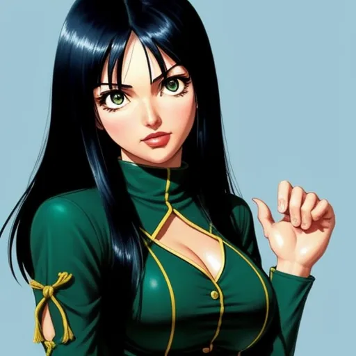 ai your photos - a woman in a green outfit with long black hair and green eyes is posing for a picture with her hand on her hip, by Hirohiko Araki