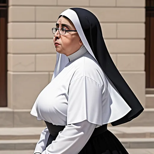 a nun walking down a street in a nun outfit and glasses, with a black and white outfit on, by Cindy Sherman