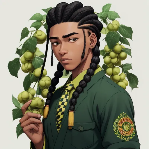 a cartoon of a man with braids and a green shirt and a green shirt and a green shirt and a bunch of grapes, by Kehinde Wiley
