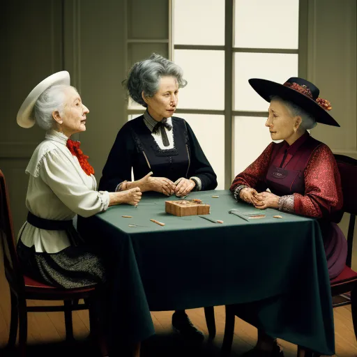 ai image creator from text - three women sitting at a table playing a game of cards together with one woman in a hat and the other in a dress, by Raphaelle Peale