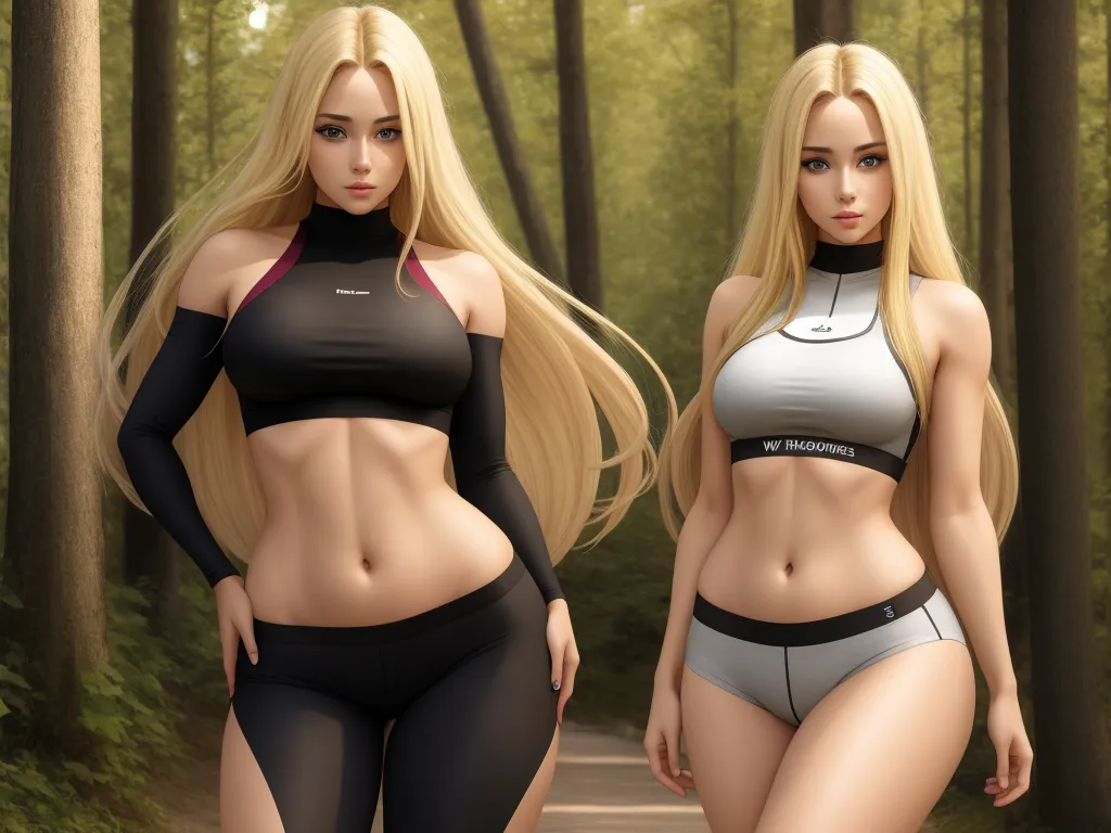 two beautiful women in black and white outfits walking down a path in the woods together, both wearing high waisted underwear, by Hirohiko Araki