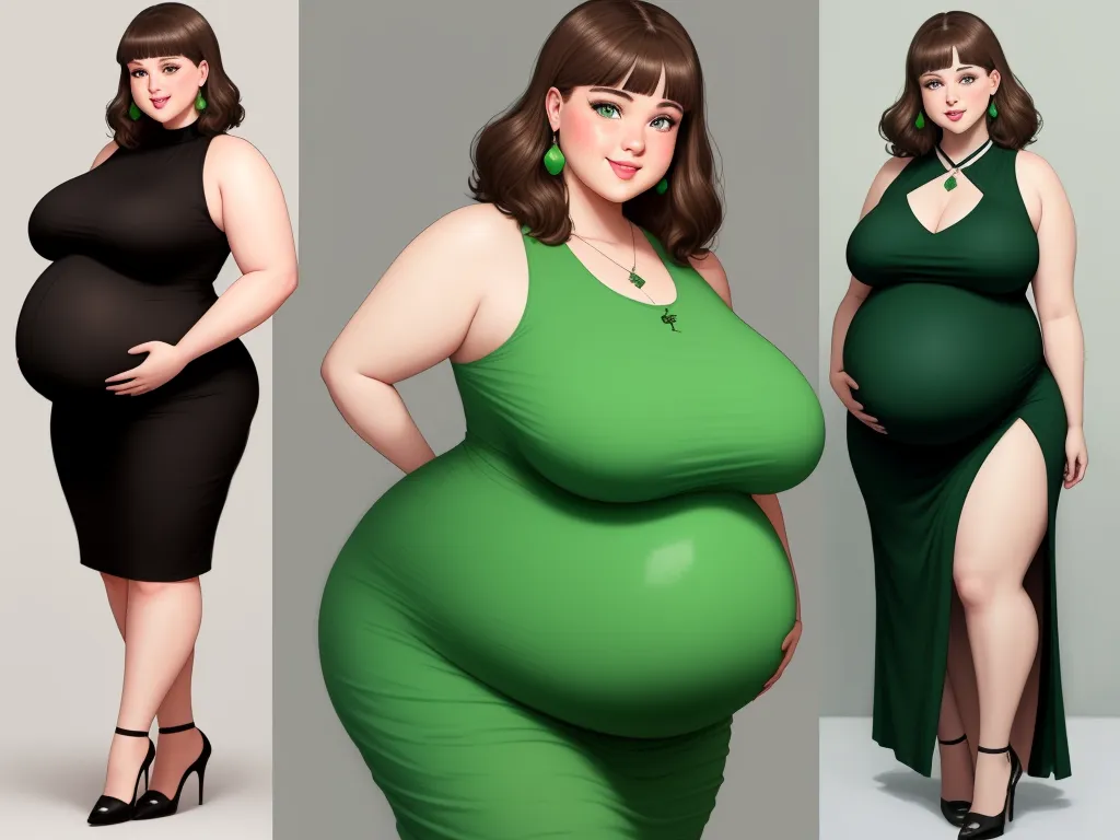 ai image upscale - a woman in three different poses in different outfits, including a pregnant woman, a woman in a black dress and a woman in a green dress, by Botero