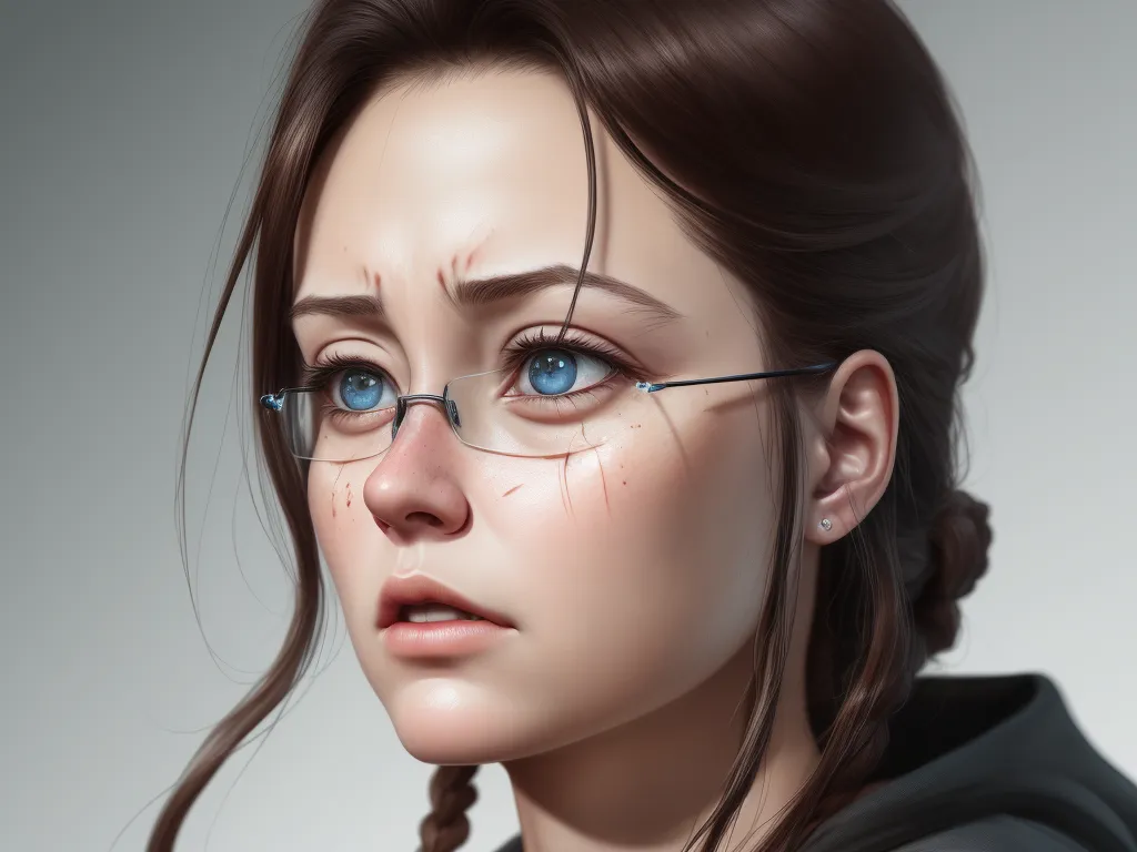 lower res - a woman with glasses and a braid is looking at something with a serious look on her face and shoulder, by Daniela Uhlig