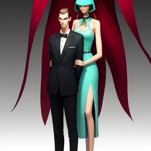free ai text to image generator - a man and a woman in formal wear standing next to each other in front of a red curtain and a red curtain, by Leiji Matsumoto