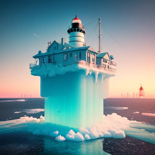 a large iceberg floating in the ocean with a lighthouse on top of it in the middle of the ocean, by Filip Hodas