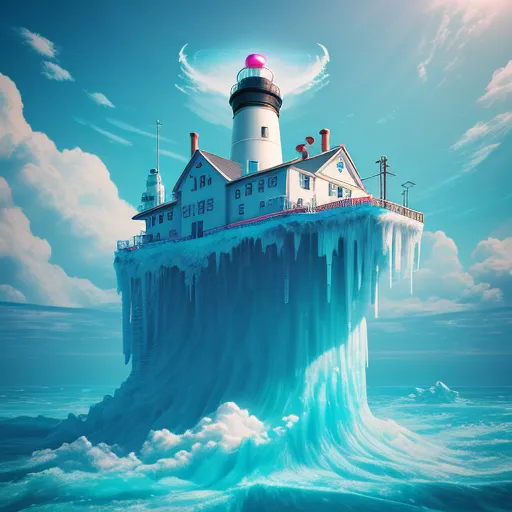 a lighthouse on top of a large iceberg in the ocean with a sky background and clouds in the background, by Filip Hodas
