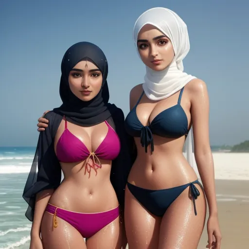 two women in bikinis standing on a beach next to the ocean with a blue sky in the background, by Hendrik van Steenwijk I