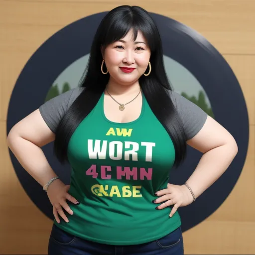 a woman with long black hair wearing a green shirt and jeans standing in front of a wall with a circular design, by Emperor Huizong of Song