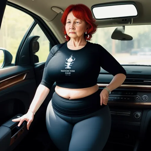 ai photo generator from text - a woman in a black top and leggings standing in a car with her hands on her hips, by Fernando Botero