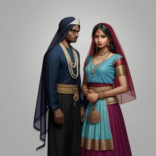 low quality images - a man and woman dressed in indian attire standing next to each other, both wearing a veil and a head piece, by Raja Ravi Varma