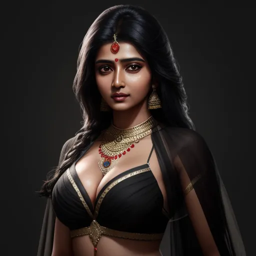 a woman in a black and gold outfit with a veil on her head and a necklace on her neck, by Raja Ravi Varma