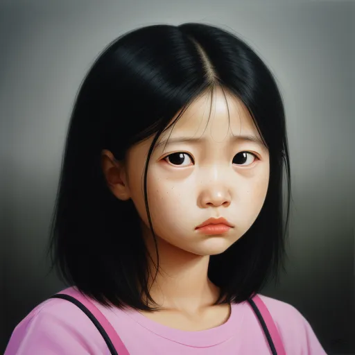 a painting of a young girl with black hair and a pink shirt on, looking at the camera with a serious look on her face, by Liu Ye