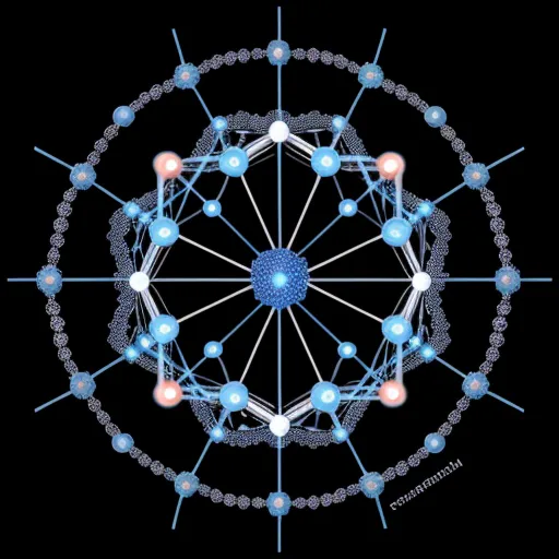 ai text to picture - a circular structure with many dots and lines in it, all connected together, with a black background and a blue center, by Paul Laffoley