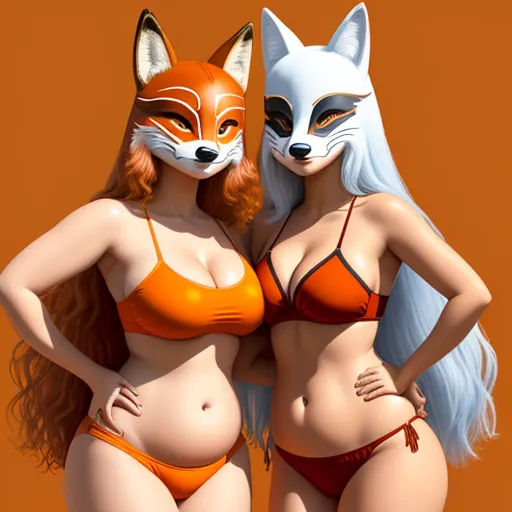 ai image enlarger - two women in bikinis with foxes on their heads and a fox on their chest, both wearing orange underwear, by Terada Katsuya