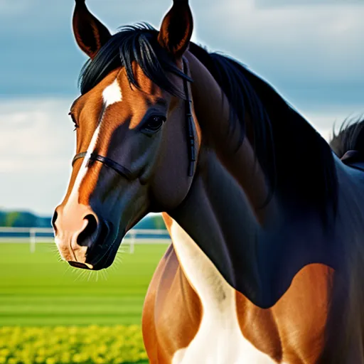 ai-generated images - a horse standing in a field of green grass and flowers with a sky background and a white fence and a green field, by George Stubbs