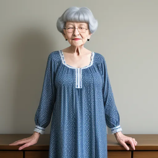 generate picture from text - a woman in a blue dress standing on a wooden table with her hands on her hips and her eyes closed, by Cindy Sherman