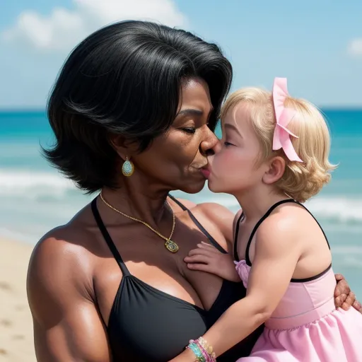 a woman and a little girl on the beach kissing each other's cheekes and kissing each other, by David LaChapelle