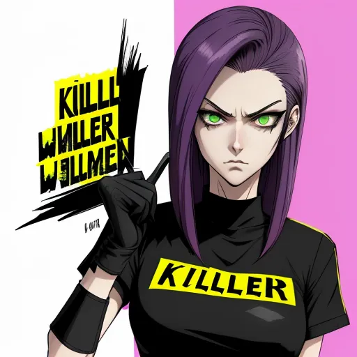 ai based photo enhancer - a woman with purple hair holding a sign that says kill killer women on it and a yellow and black sign that says kill killer women, by Hirohiko Araki