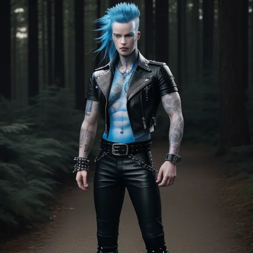 a man with blue hair and piercings standing in the woods wearing leather pants and a leather jacket with a blue shirt, by Dan Smith