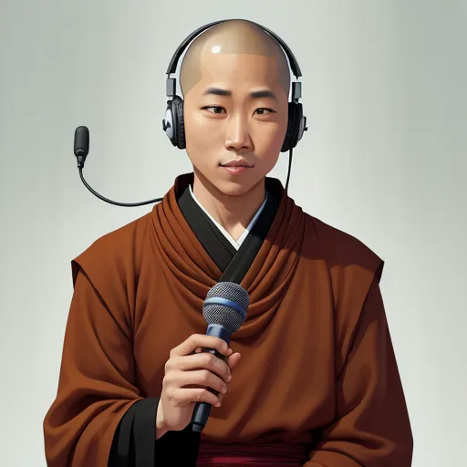 a man with headphones on holding a microphone and wearing a brown outfit with a black collar and headband, by Hiromu Arakawa