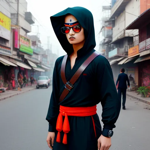 a man in a costume is standing on a street corner with a backpack on his back and sunglasses on his head, by Chen Daofu