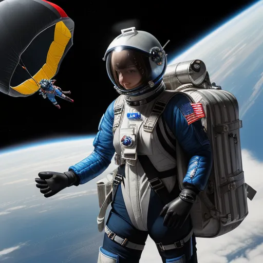 a man in a space suit is holding a parachute and a backpack in the air above the earth, with a parachute attached to the back of the suit, by Jeremy Geddes