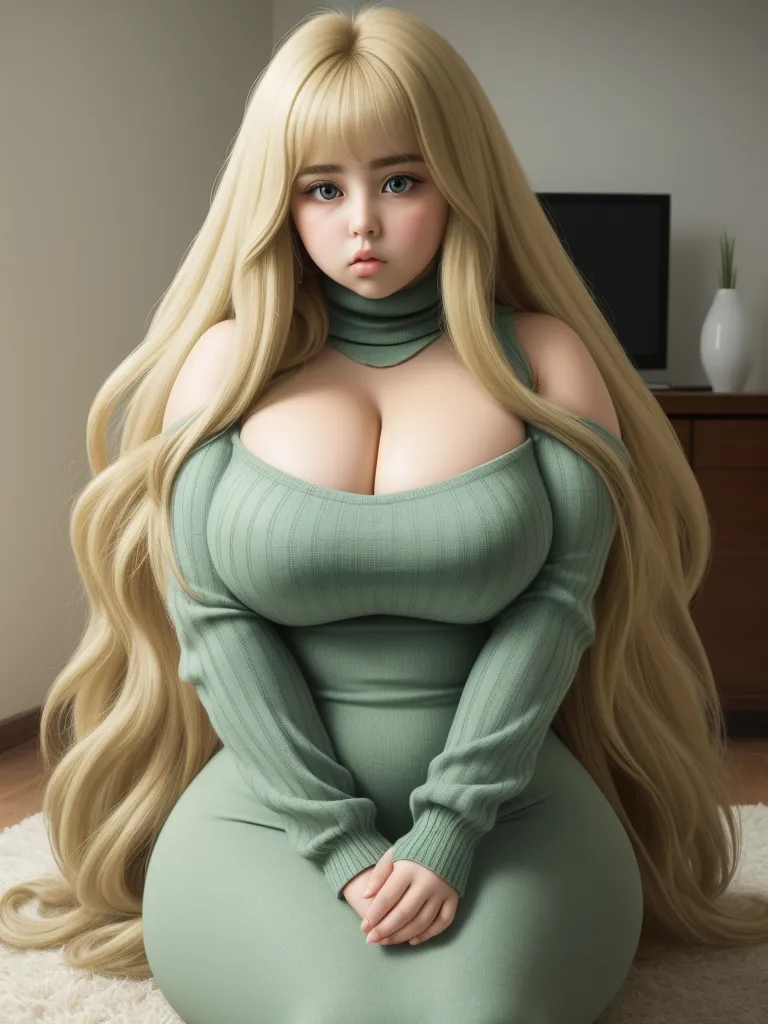 a very big breasted blonde woman sitting on a rug in a room with a tv and a dresser, by Akira Toriyama