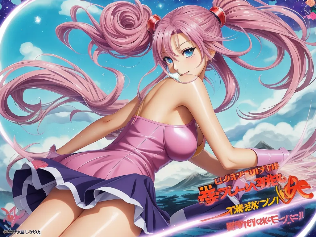 image resolution - a woman with pink hair and a pink dress is sitting on a surfboard in the water with her hair blowing in the wind, by Toei Animations